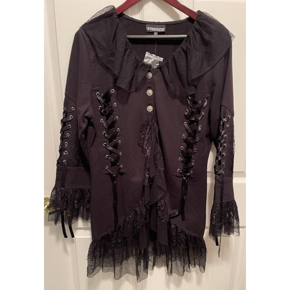 THE PYRAMID COLLECTION Black Lace Goth Lolita Victorian Shirt Lace Up Size M New